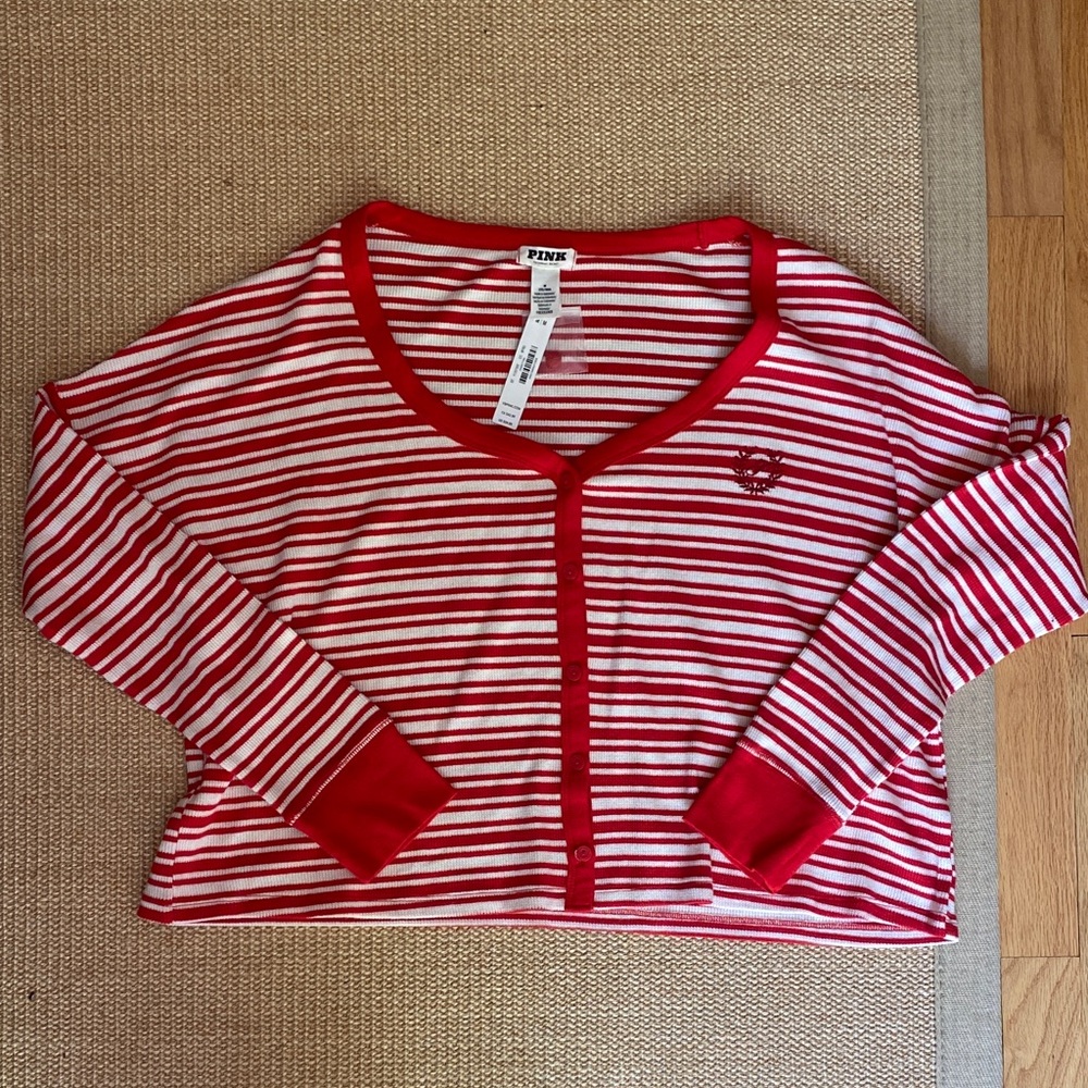 NWT Victoria's Secret PINK Red & White Striped Henley shirt